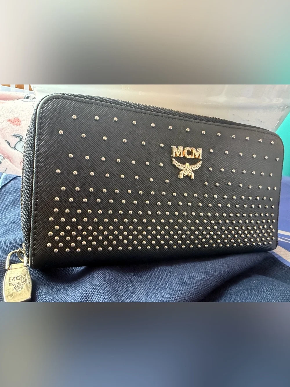 EUC - MCM Black Studded Zip-Around Wallet with Gold Logo